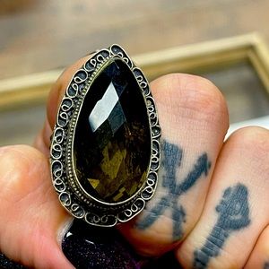Vintage Smokey quartz brass and sterling silver mix ring
